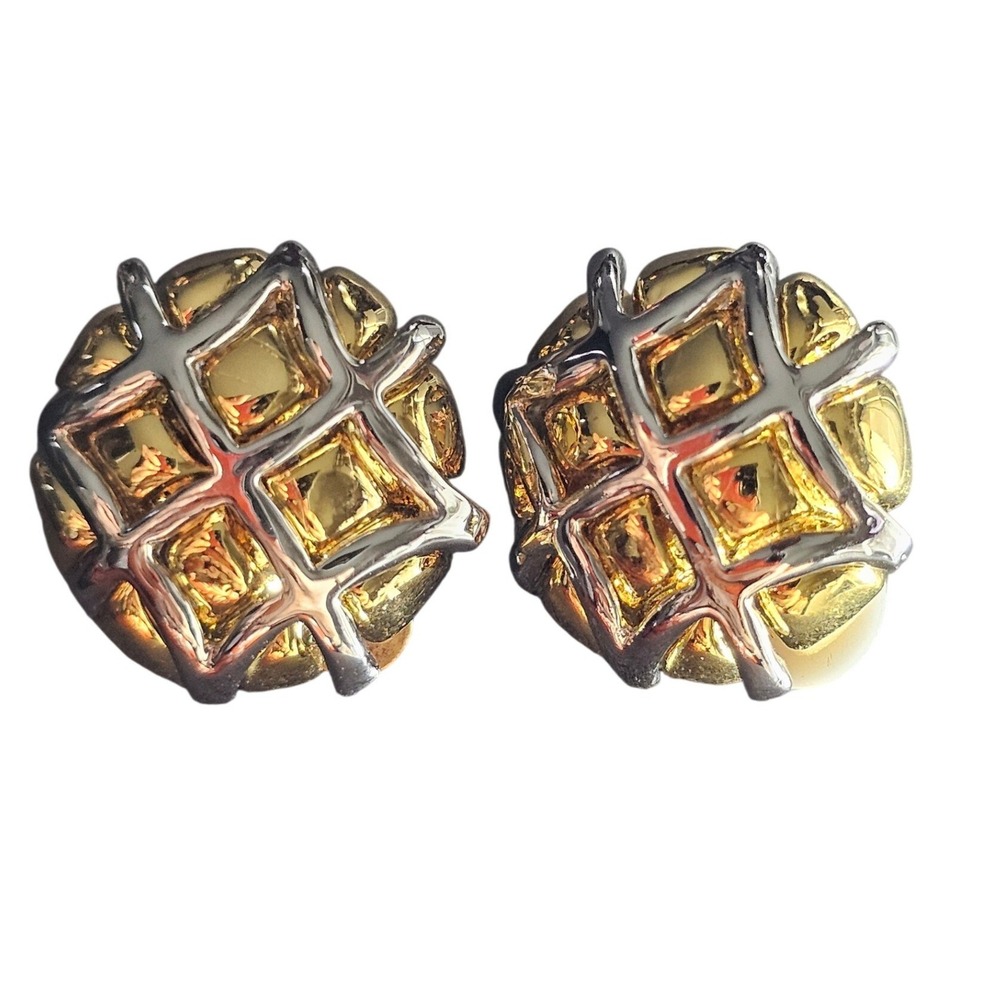 Vintage Two Tone Gold Silver Grid Clip On Earrings Textured Round Studs